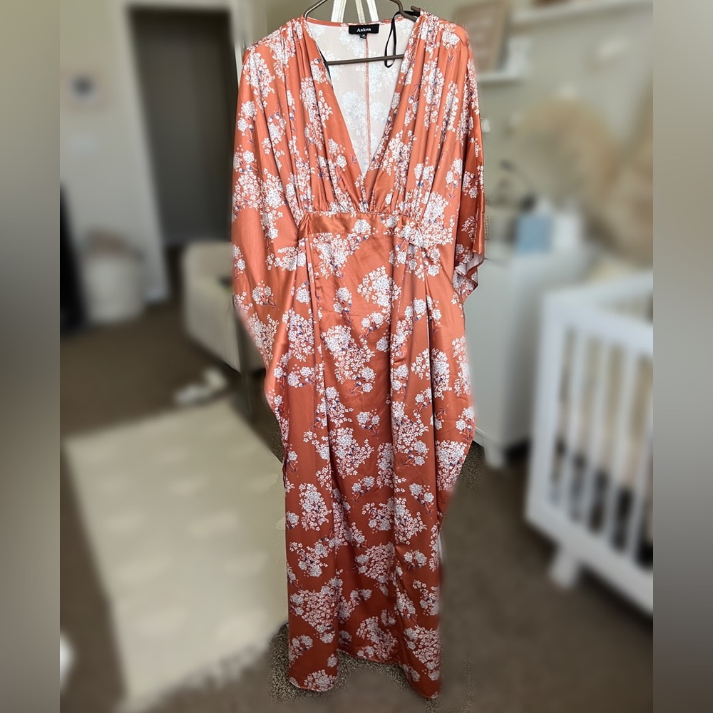 Aakaa Rust Orange Floral Maxi Dress with White Print